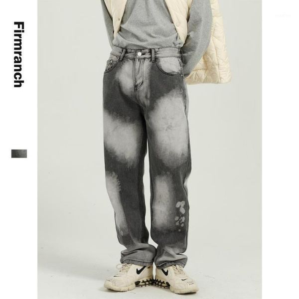 

firmranch fall winter men/women tie-dye korean retro straight denim pant vintage hiphop streetwear design sense loose jeans male1, Blue