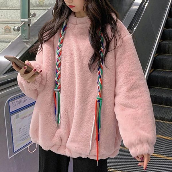 

women winter plush hoodies drawstring korean style hooded female new sweatshirt hoodies loose streetwear pullover, Black