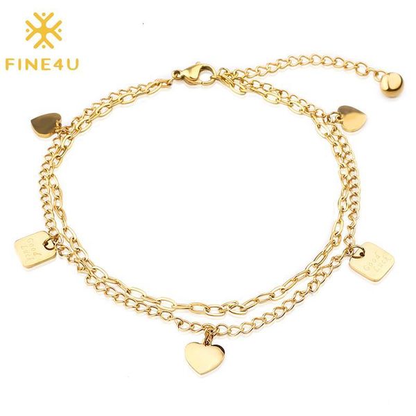 

fine4u b210 stainless steel link chain bracelet for men women rose gold color cute heart charms bracelets good luck jewelry