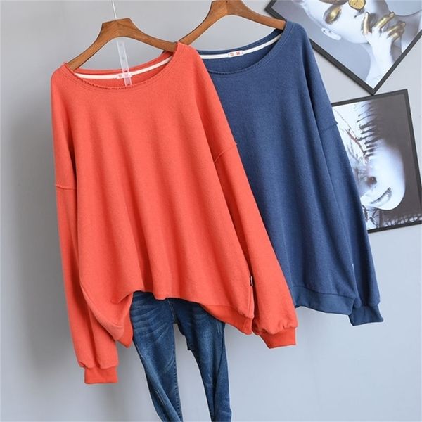 

autumn new korean simple pure color loose slimming women hoodies plus size casual all-match mid-length 201217, Black
