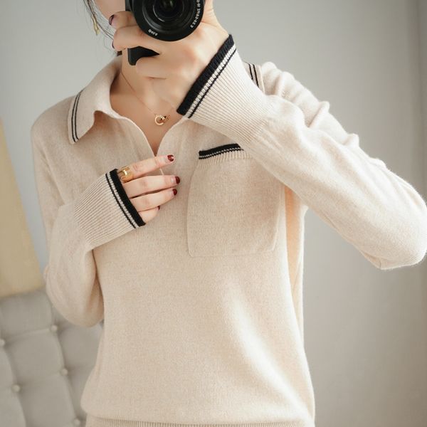 

tailor sheep wool cardigan women's turn down lapel neck sweater new cashmere pullover loose bottoming shirt lj201112, White;black