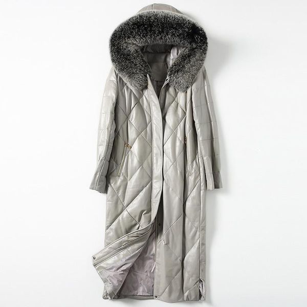 

fashionable autumn winter leather fur women sheep skin down long fur coat thick warm office gray large outwear1, Black