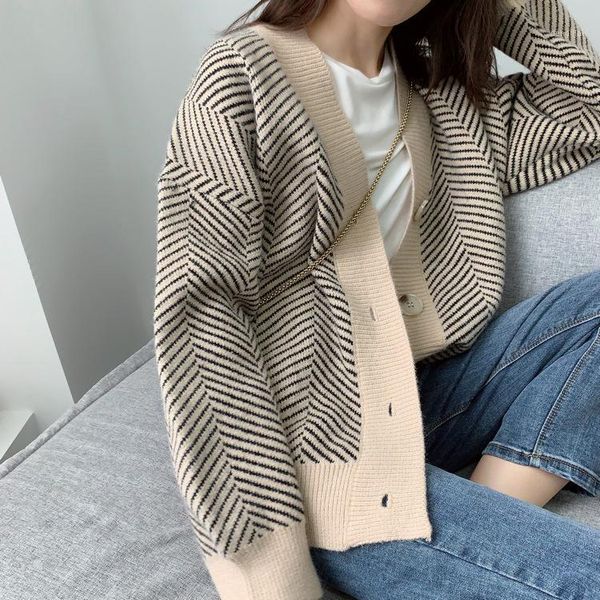

oversize knitted cardigans jacket female autumn clothing loose outerwear casual long sleeve stripe sweater women's cardigan coat1, White