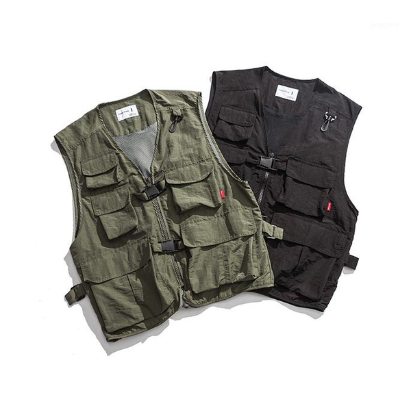 

men's loose tooling vest spring autumn polyester multi pockets safari style vest reporter waistcoat travel sleeveles jacket1, Black;white
