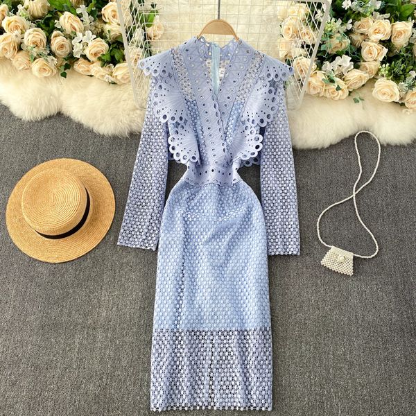 

2021 new chic singiny dressed in women's lace neck sleeves ruffled autumn dresses design sharing thin long dress 3ght, Black;gray