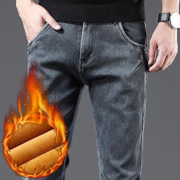 

men winter warm fleece jeans stretch grey denim jeans new male casual winter jean pants warm trousers size 38,6851, Blue