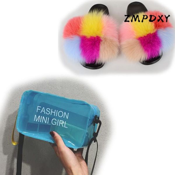 

women real fur sandals jelly shoulder bag shoes sets ladies fluffy furry slippers candy crossbody purse fur slides/flip flop1, Black
