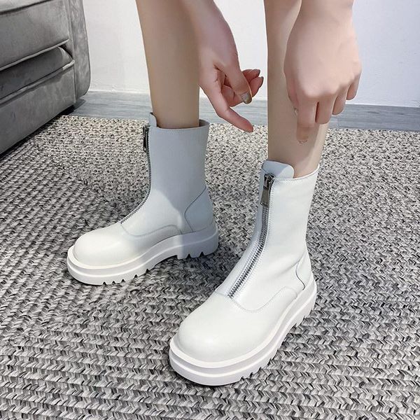 

errfc new arrival british fashion womens white mid calf boots front zip platform ladies black round toe leisure shoes for girls