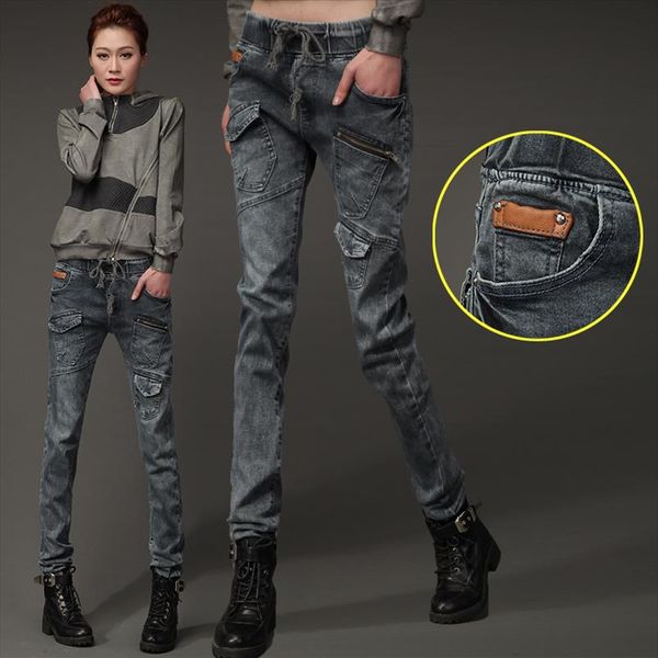 

loose waist harem pants jeans female spring pants loose large pockets of large size was thin slim, Blue