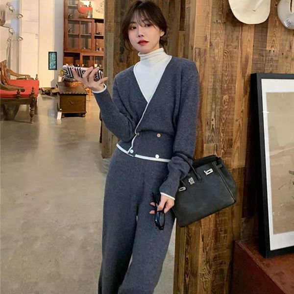 

autumn winter knitted 2 pieces set tracksuits women thick warm o-neck loose sweater + length pants warm cashmere suit, Gray