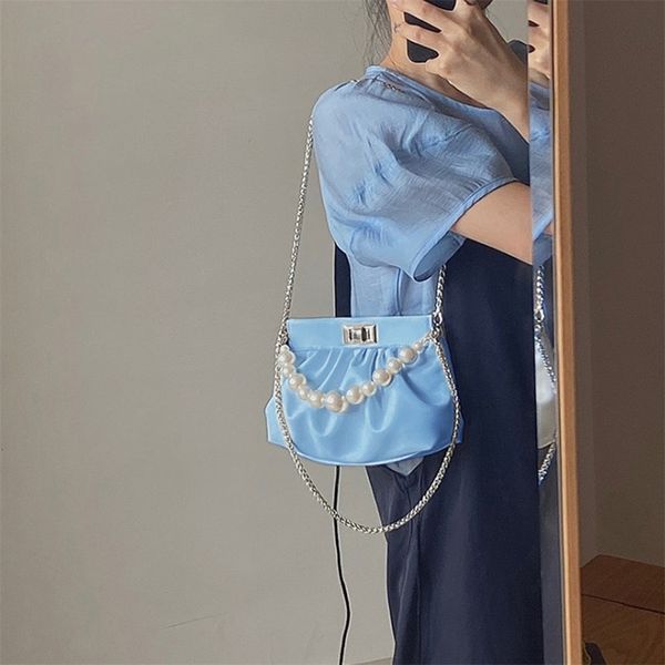 

youth ladies simple versatile bag cloud pleat evening shoulder bag for women retro pearl chain messenger wristlets