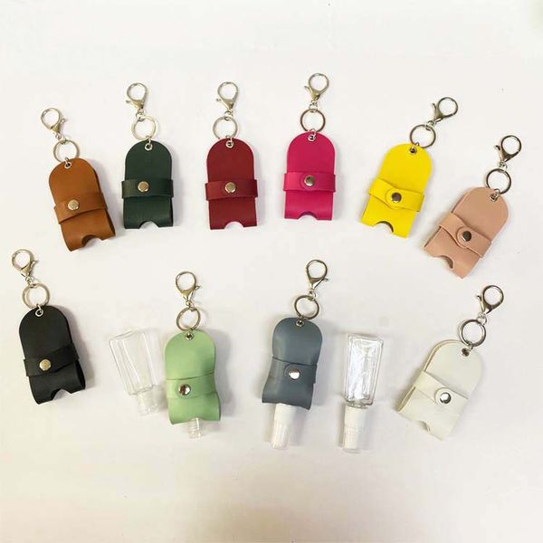 

outdoor portable pu leather case travel hand sanitizer bottle keyring holder reusable empty bottles and keychain set holder kimter-k10fa