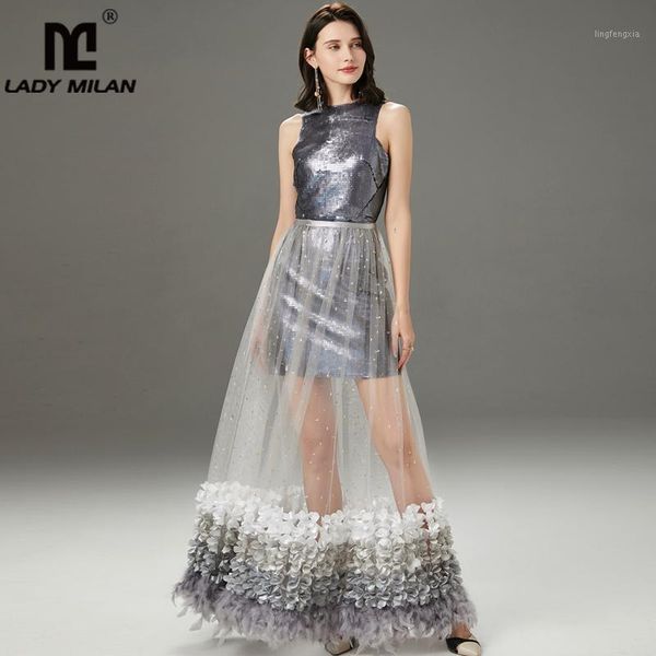 

women's runway dresses o neck sleeveless sequined patchwork appliques feathers elegant long party prom1, Black;gray