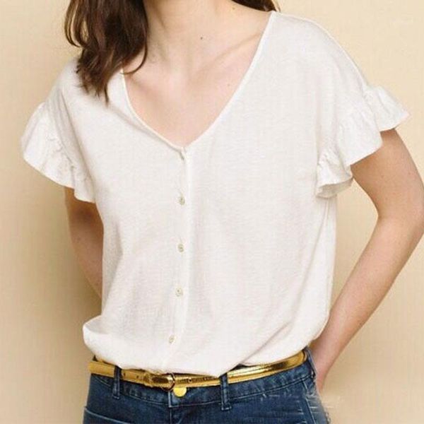 

women t-shirt summer french casual wind care machine sweet lotus leaf sleeve linen v-neck loose t-shirt girl1, White