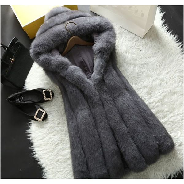 

schinteon новое прибытие меховой жилет faux fox мех без рукавов женский женский капюшон зимняя куртка одежда пальто одежда портрод сделанный, Black