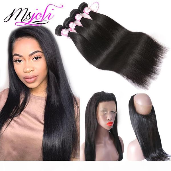 

9a peruvian virgin human hair straight 360 lace frontal with 3 bundles natural color beauty unprocessed hair by msjoli, Black;brown