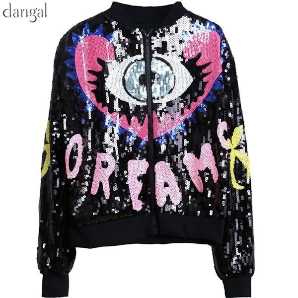 

letters bomber hip hop sequin coat o-neck zipper out wear women college jacket y201012, Black;brown