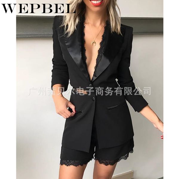 

women two piece clothing set ladies elegant autumn long jacket + lace romper hollow out shorts 2 pcs set q1210, Black;white