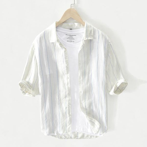 

natural linen shirts men, comfortable breathable, linen/cotton blended, 2020 new trend, half sleeve shirt men striped shirt thin1, White;black