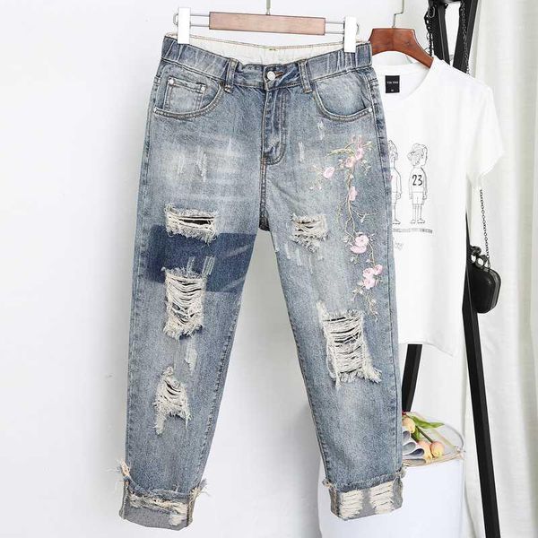 

vintage high waist jeans women embroidery ripped hole jeans femme denim harem pants casual streetwear plus size mom k5891, Blue