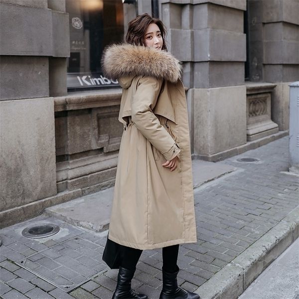 

fashion winter jacket women cotton liner parker parkas casual solid long hooded parka coat with fur collar 201026, Black