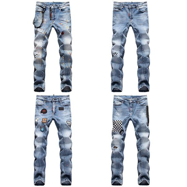 

mens designer casual straight rock revival retro jeans fashion luxury ripped men skinny pants elasticity ripped trousers jeans, Blue