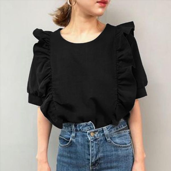 

woman short sleeve ruffle blouse korean japan retro round collar solid slim white shirt elegant chic vintage casual clothing