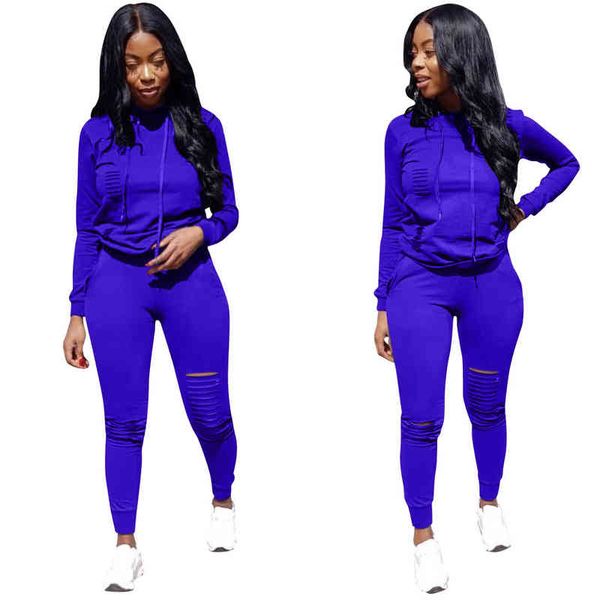 

women's tracksuits women designer 2pcs suits solid color holes ripped pants hooded sweatshirts clothing sets o00o, Gray