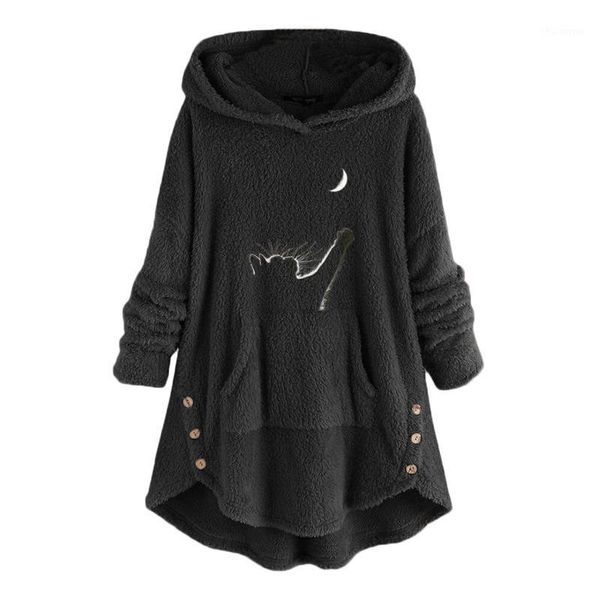 

spring winter women long hoodies embroidery fleece asymmetrical button hem hoodie sweater warm loose lady blouse 2021 #t1g1, Black