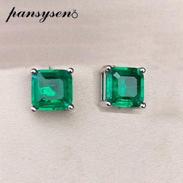 

pansysen vintage square emerald gemstone stud earrings for women 100% real 925 sterling silver anniversary party women earrings1, Golden;silver