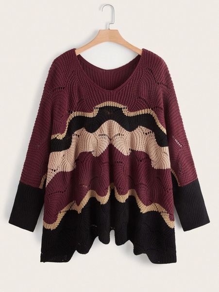 

plus color block pointelle knit scallop trim batwing sleeve sweater h9wv#, Black