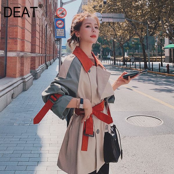 

[deat] new autumn fashion women's trench coat england style full sleeve lapel collar short length solid with belt tx153 201028, Tan;black