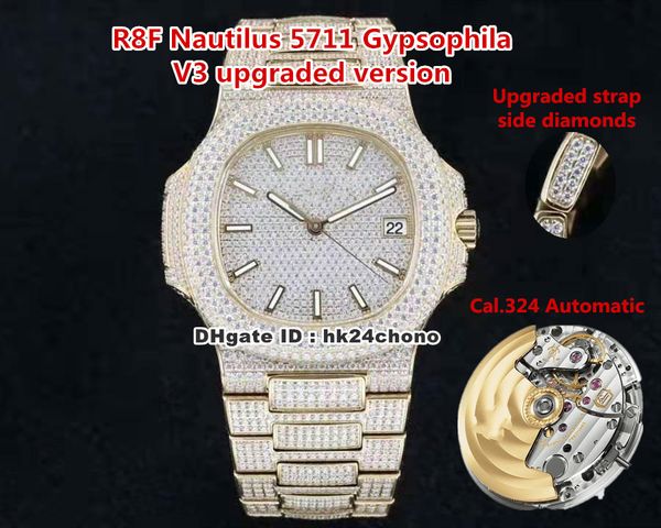 

2021 r8f v3 nautilus 5711 18k gold gypsophila full diamonds cal.324 automatic mens watch diamond dial diamond bracelet gents sports watches, Slivery;brown