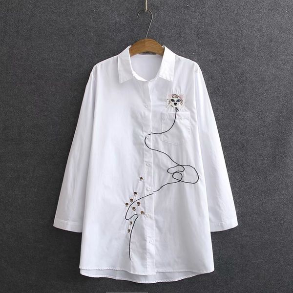 

size muslimah plus female blouse with sleeves cat embroidered long shirts vintage to white line g9hl