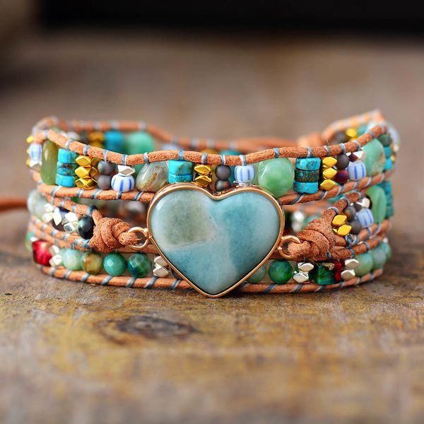 Nova forma de coração espiritual ETE envoltório de couro braceletes w / mixe contas de pedra pulseira boho clássico jóias bijoux dropship y1218