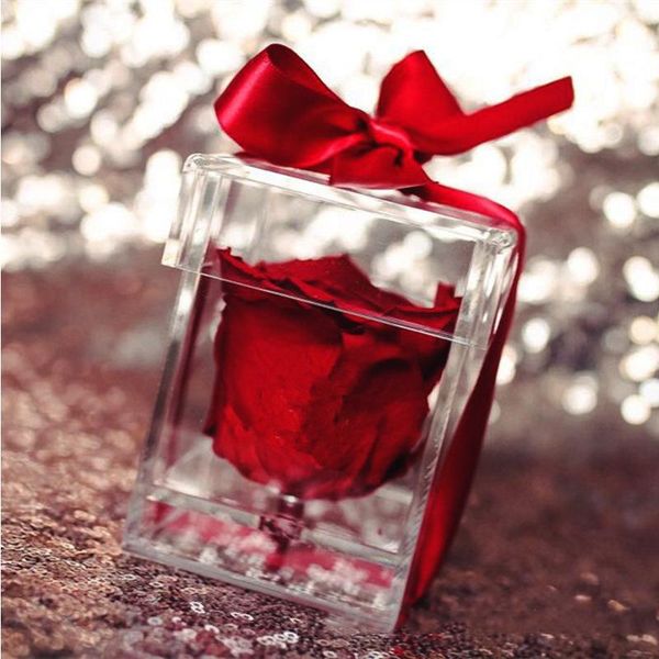 

new clear acrylic flower box mini single rose flowers box valentine's day flower jewelry gift with cover for girlfriend wife, Pink;blue