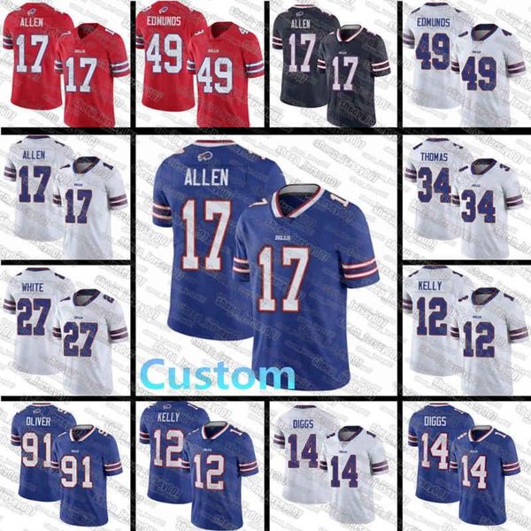 

17 джош аллен пользовательский 34 thurman thomas 14 stefon diggs 49 tremaine edmunds 91 oliver 27 tre'wious white jim kelly mens jersey, Black;red