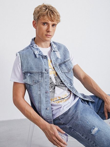 

men ripped detail flap denim jacket y13b#, Blue