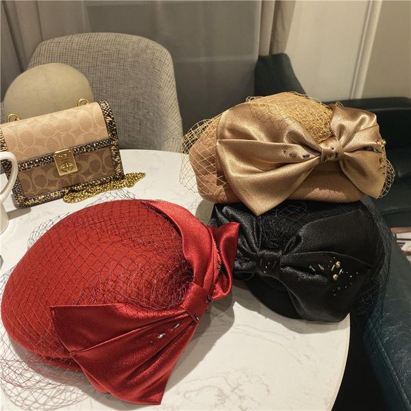 

woollen cloth lady beret banquet hat pearl net yarn temperament hat children autumn winter korean version japanese hepburn style, Blue;gray