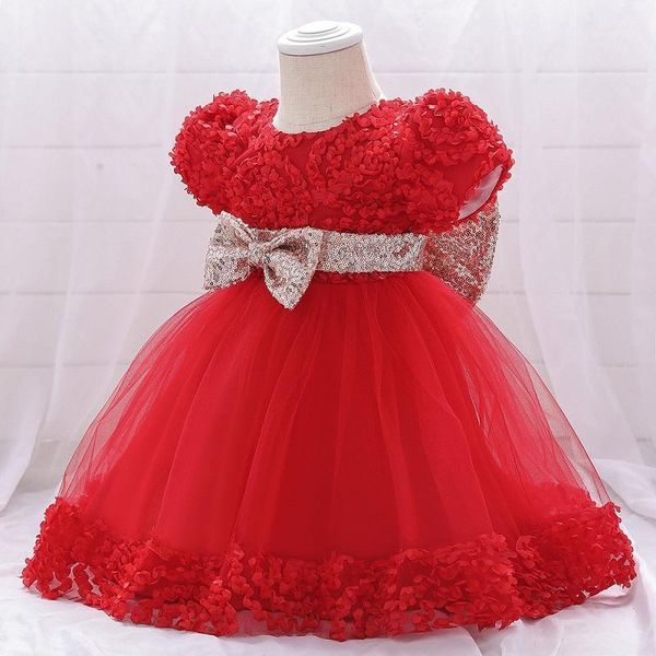 

newborn dress with sequins bow baby girls lace flower christening baptism dress girl's birthday party formal party lace1, Red;yellow