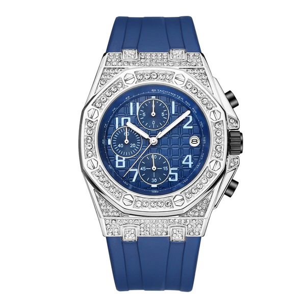 

fashion designer mens diamond watch shinning iced out men watches stainless steel all dial work chrono clock quartz movement rubber strap, Slivery;brown