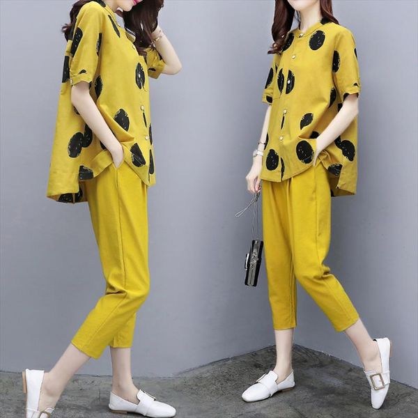 

yellow two pieces summer set 2021 summer womens outfits pant suits ladies plus size polka dot linen tracksuit clothing, Gray