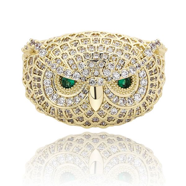 Hip Hop Micro Pave Green Eyed Owl Gold Silber Farbe Bling Iced Out Kubikzircon Ring Schmuck Geschenk