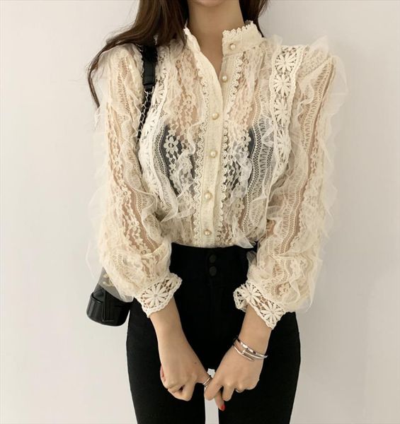 

new arrival ladies lace shirt hook flower long sleeve loose stand collar blouse shirts women fashion crochet, White