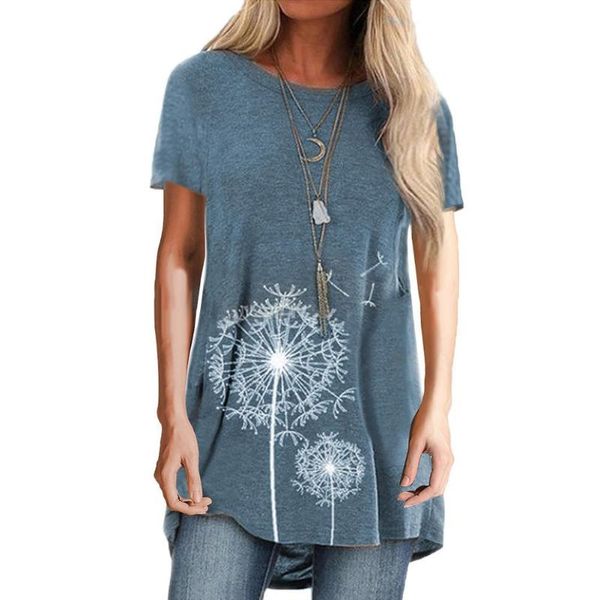 

women shirts casual solid color short sleeve o neck dandelion print cotton t-shirt lady loose female clothes large size, White