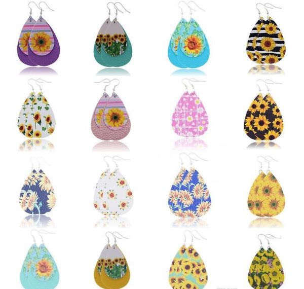 

sunflower printed faux leather teardrop earrings colorful layered flower pattern water drop earrings creat jllzhu bdebag