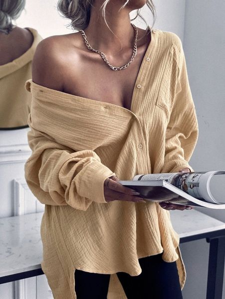 

textured drop shoulder pocket patched blouse d9sy#, White