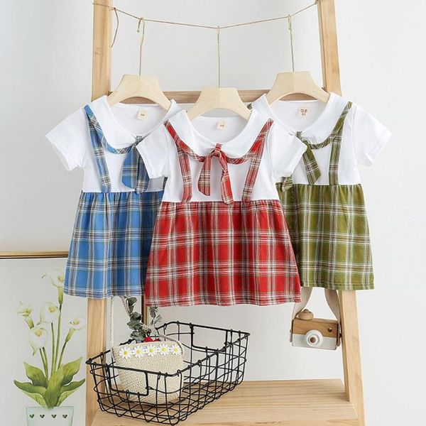 

girl's dresses dishykooker baby girls dress of short sleeves and round neck plaid leisure costume with bowknot decor, Red;yellow