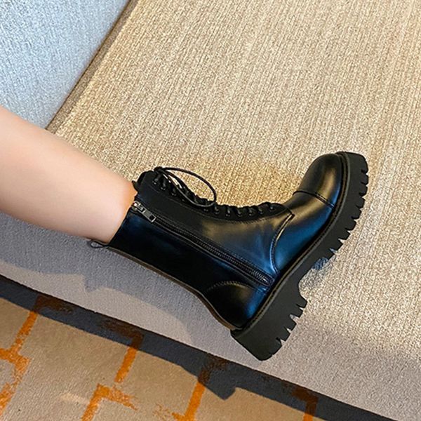 

2020 autumn winter women motorcyle boots platform lace up ankle boot sewing black chunky booties zip round toe botas mujer