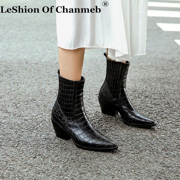 

2020 autumn crocodile pattern microfiber leather western boots for women elastic black block heels pointed toe cow-boy boots 45